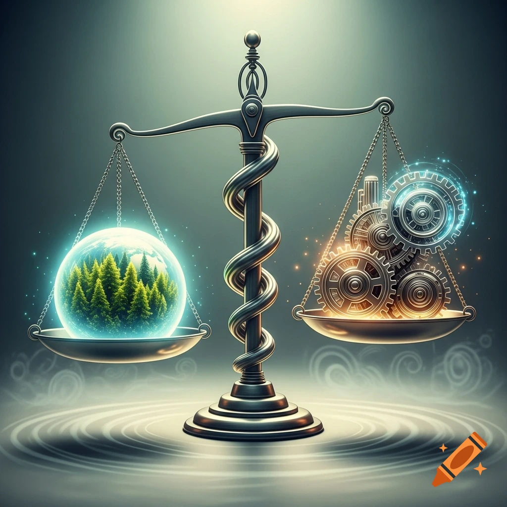 A stylized balance scale with a glowing globe of trees on one side and bright mechanical gears on the other, symbolizing nature versus industry.