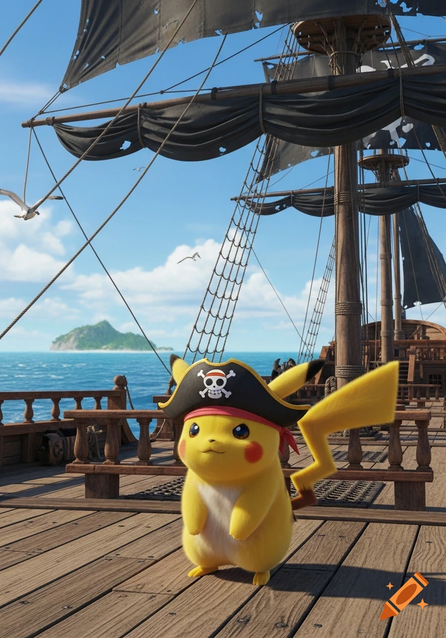 Photorealistic Pikachu in a pirate hat on a pirate ship deck, with an island and ocean in the background.