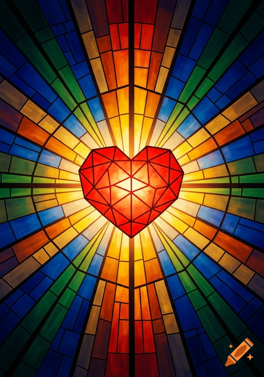 A vibrant red geometric heart at the center of a radial stained glass pattern with colorful panels.