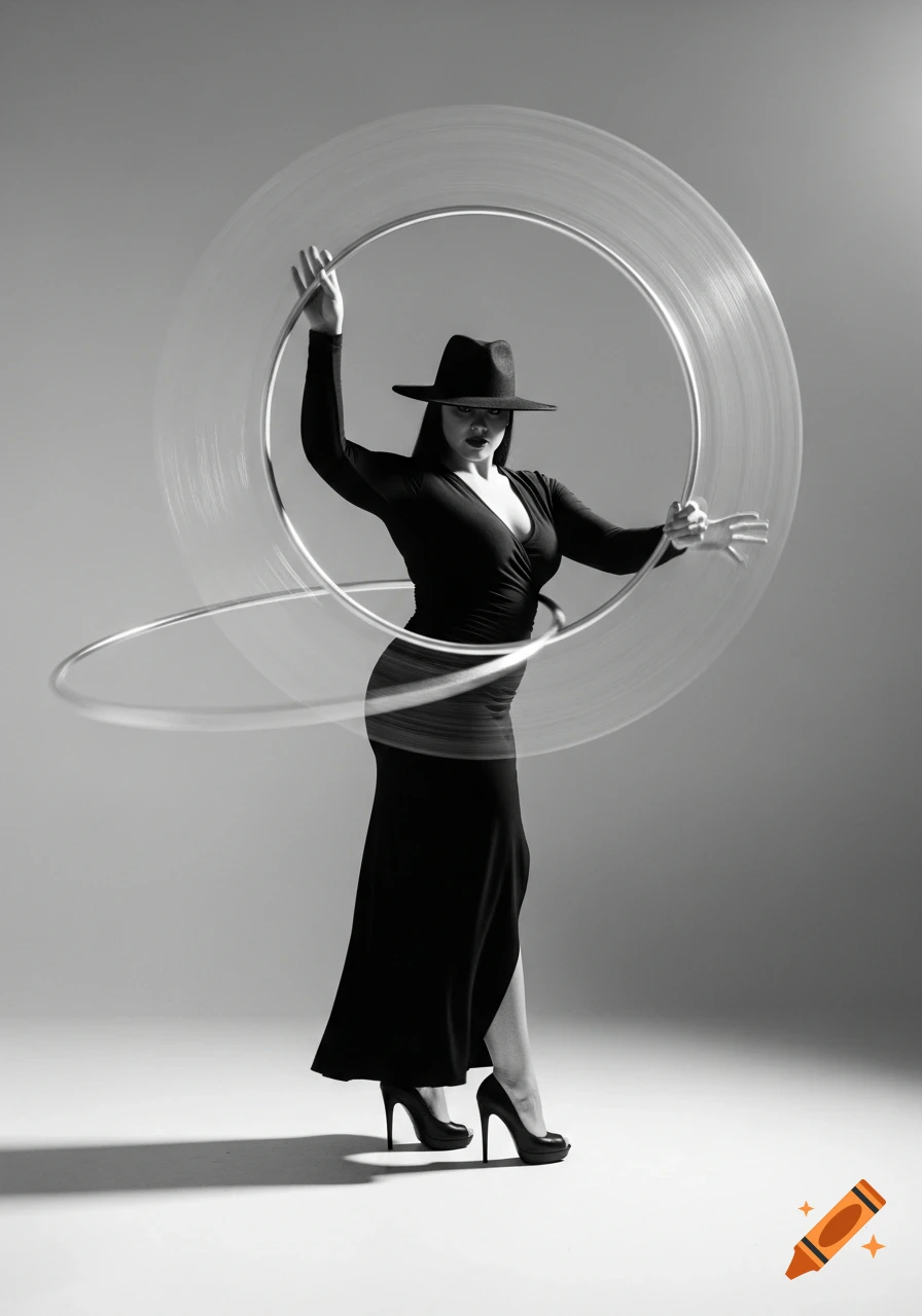 Black and white photo of a woman in a long black dress, hat, and high heels, spinning hula hoops.