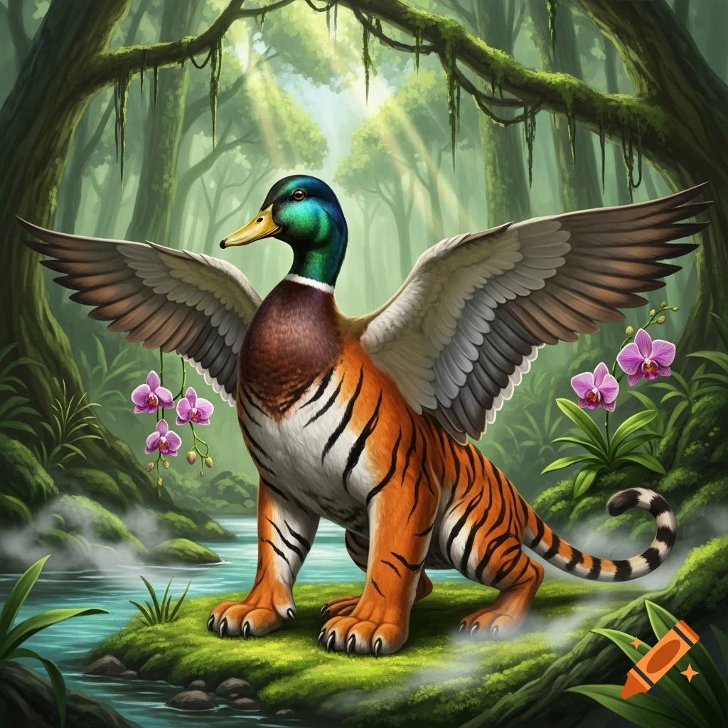 A majestic winged duck-tiger hybrid with a mallard head and striped body sits by a stream in a vibrant jungle with orchids.