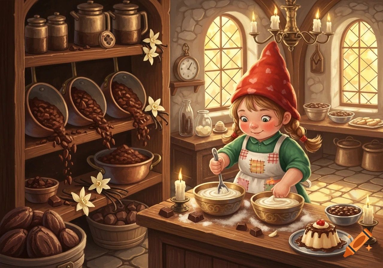 A cute cartoon gnome girl in a red hat bakes chocolate and vanilla pudding in a rustic, cozy kitchen filled with ingredients.