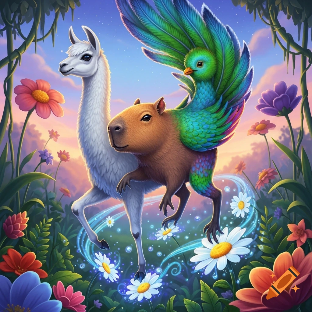 Two colorful alebrije-style creatures, a llama-capybara and a capybara-quetzal-monkey hybrid, stand in a vibrant, glowing flower jungle.