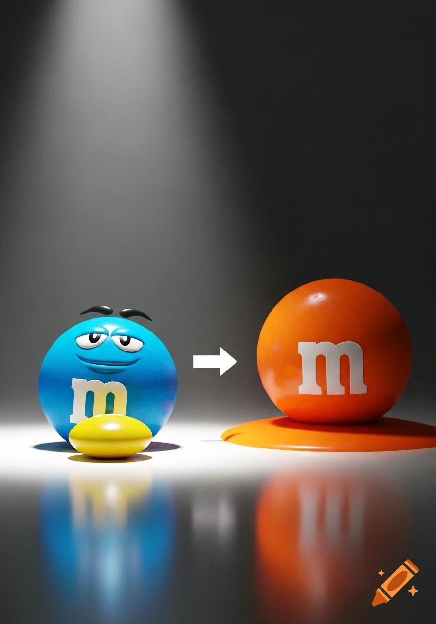 A blue M&M character with a face stands next to a melted orange M&M, with a white arrow pointing from blue to orange.