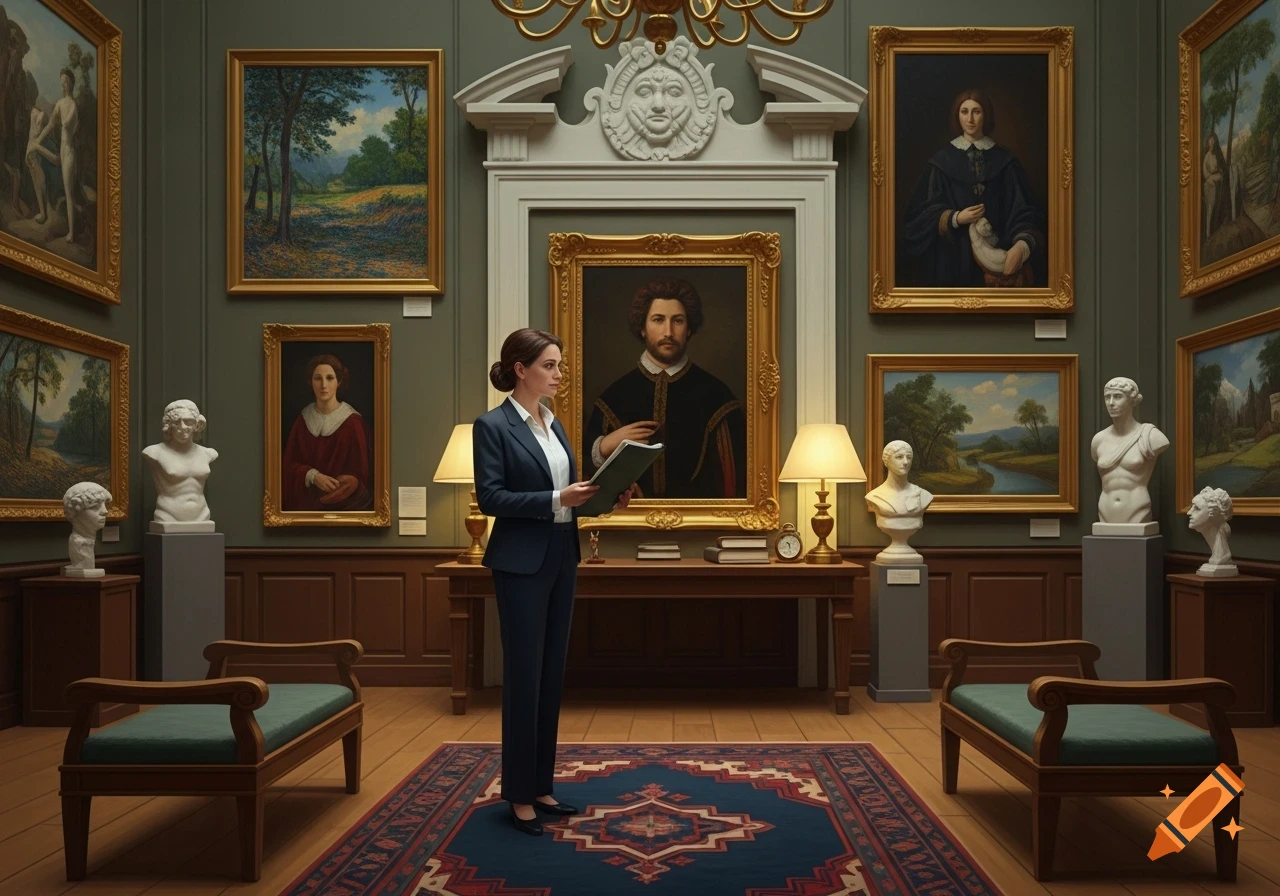 A woman in a dark suit stands in a grand museum gallery, surrounded by classical paintings, marble busts, and ornate decor, holding a document.