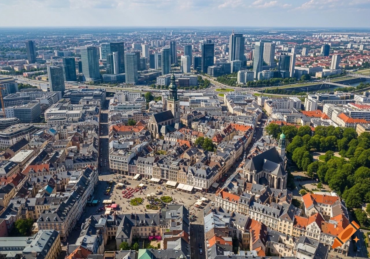 An aerial view of a sprawling city with a historic European city center, surrounded by 19th-century buildings, and modern skyscrapers under a blue sky.