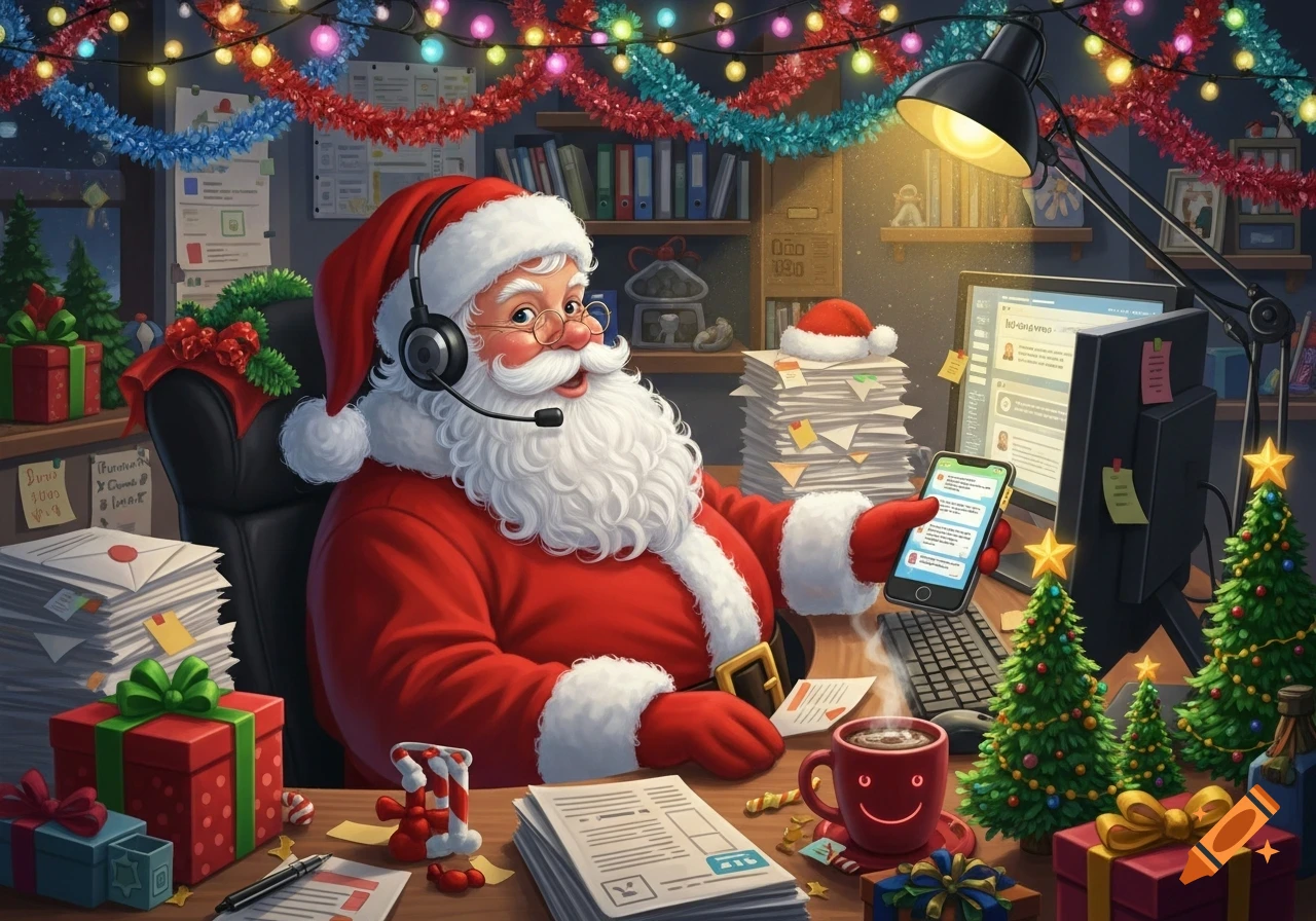 Jovial Santa Claus with a headset sitting at a festive office desk, looking at a smartphone, surrounded by presents and decorations.