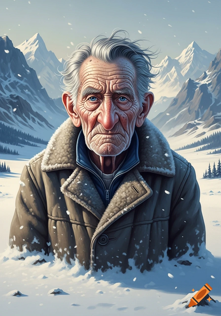 Stylized illustration of an old man with a wrinkled face, big nose, blue eyes, and grey hair, wearing a winter coat in a snowy mountain landscape.