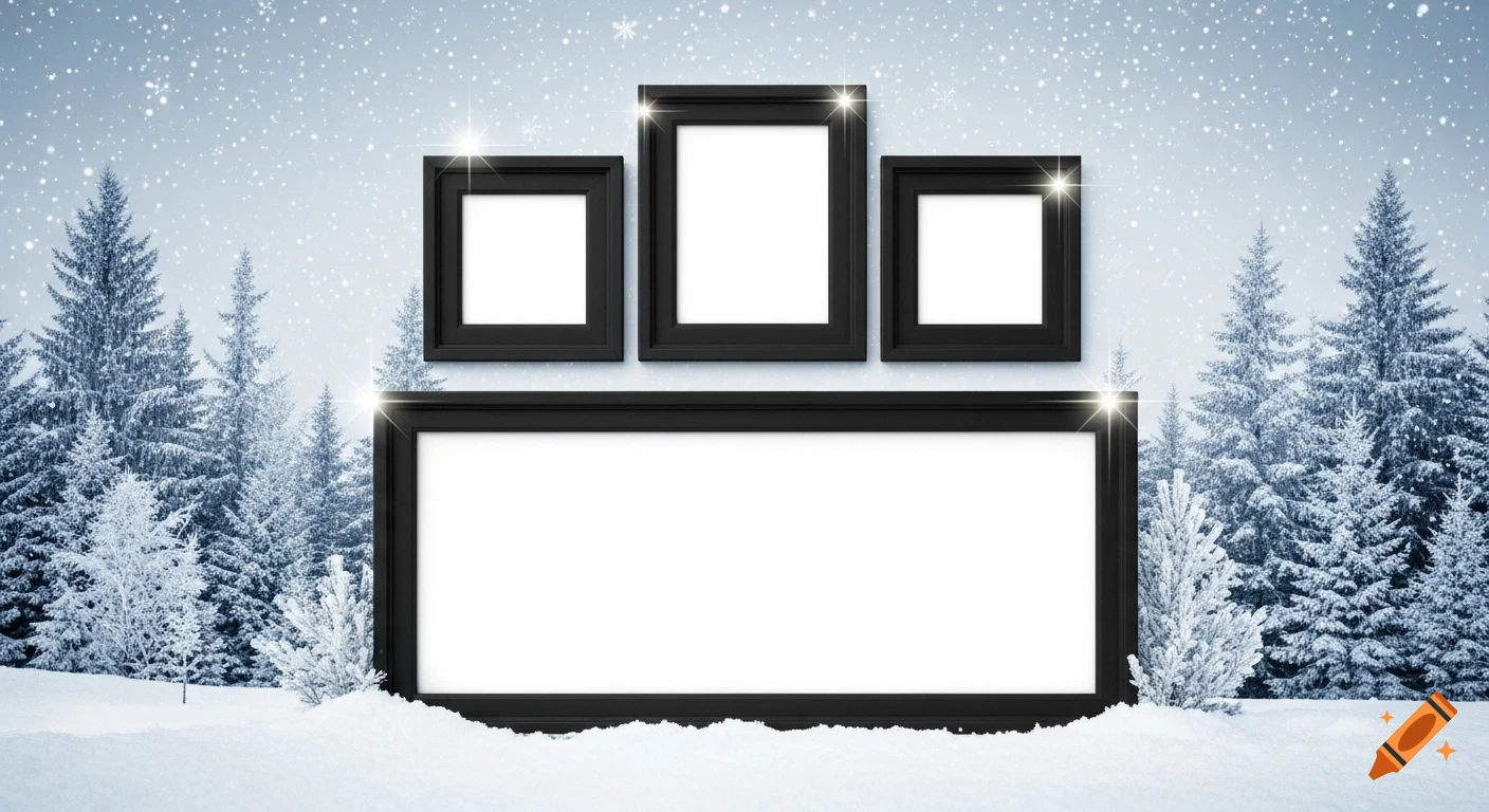 A snowy winter forest scene with falling snowflakes, featuring three small black frames and one large horizontal black frame, all empty.