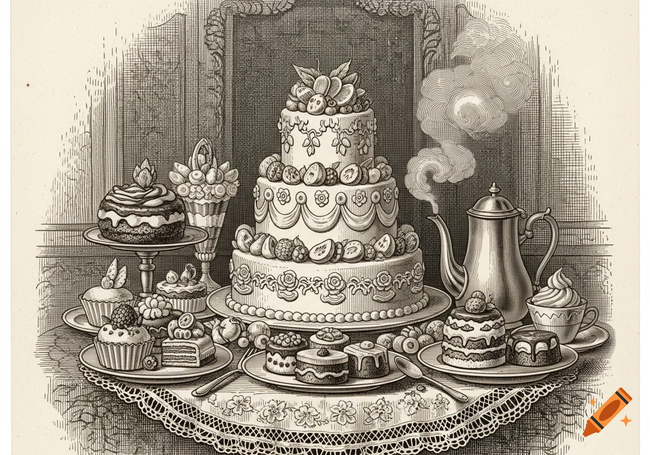 A detailed antique etching of an elaborate dessert display on a lace tablecloth, featuring a tiered cake, small pastries, and a steaming teapot.