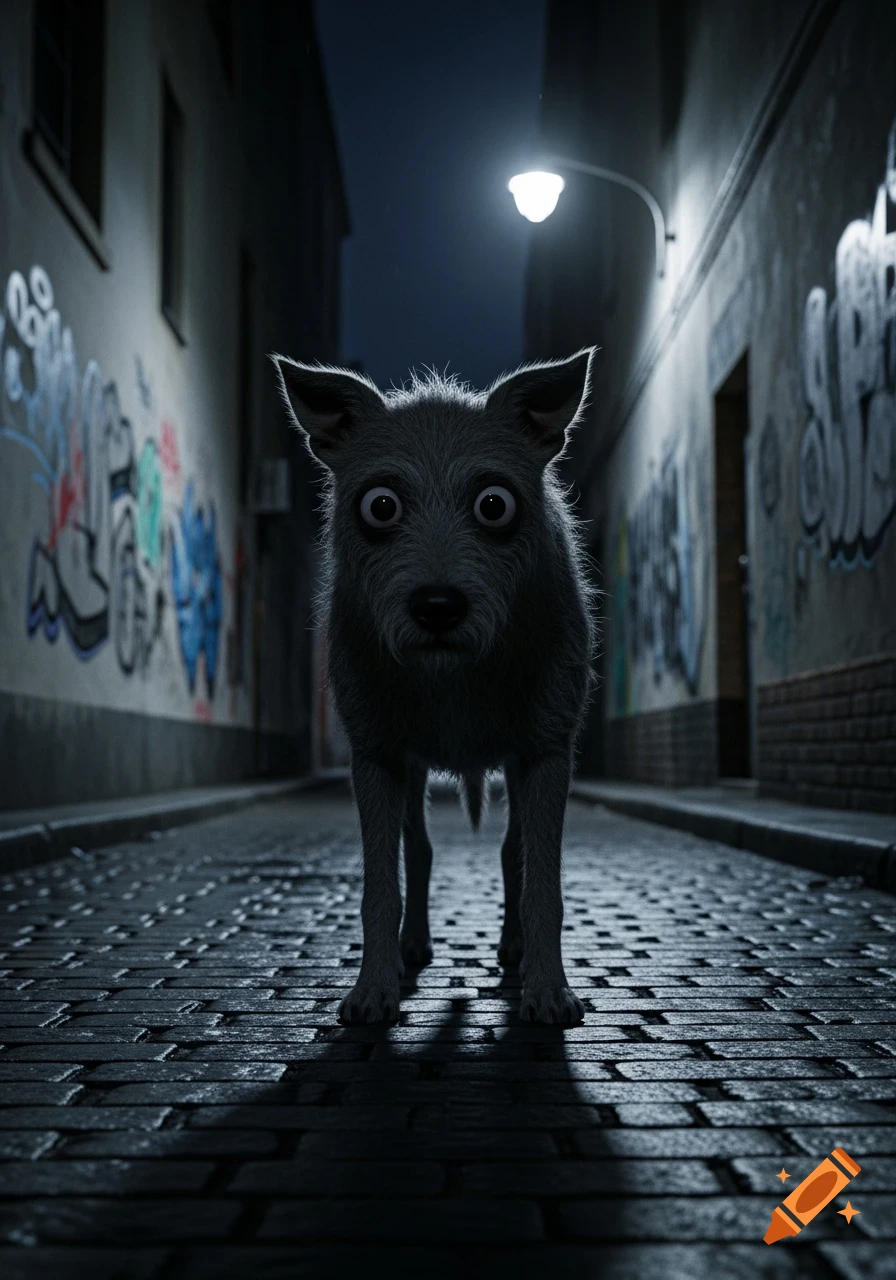 A shaggy, creepy dog with wide eyes stands on a wet cobblestone street in a dark alley with graffiti walls. Photorealistic.