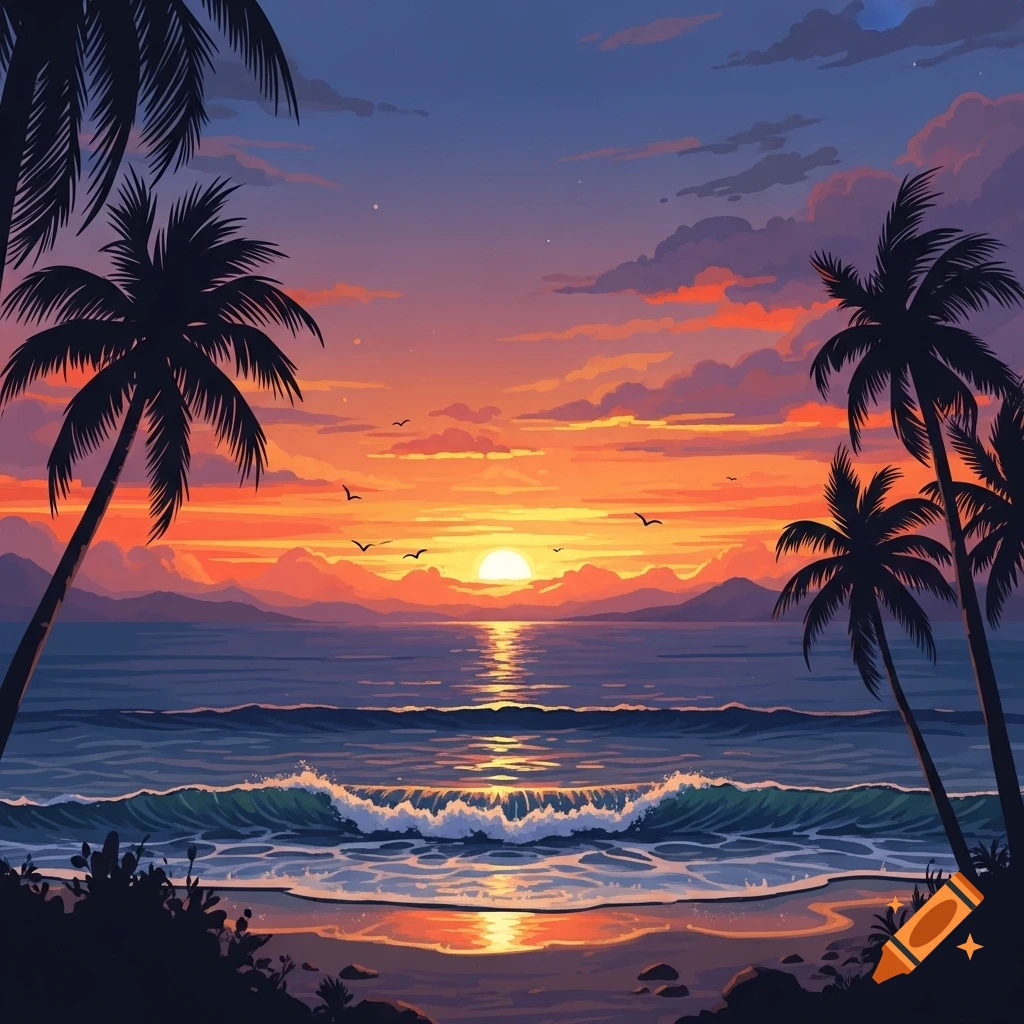 Vibrant digital illustration of a tropical beach sunset with palm tree ...