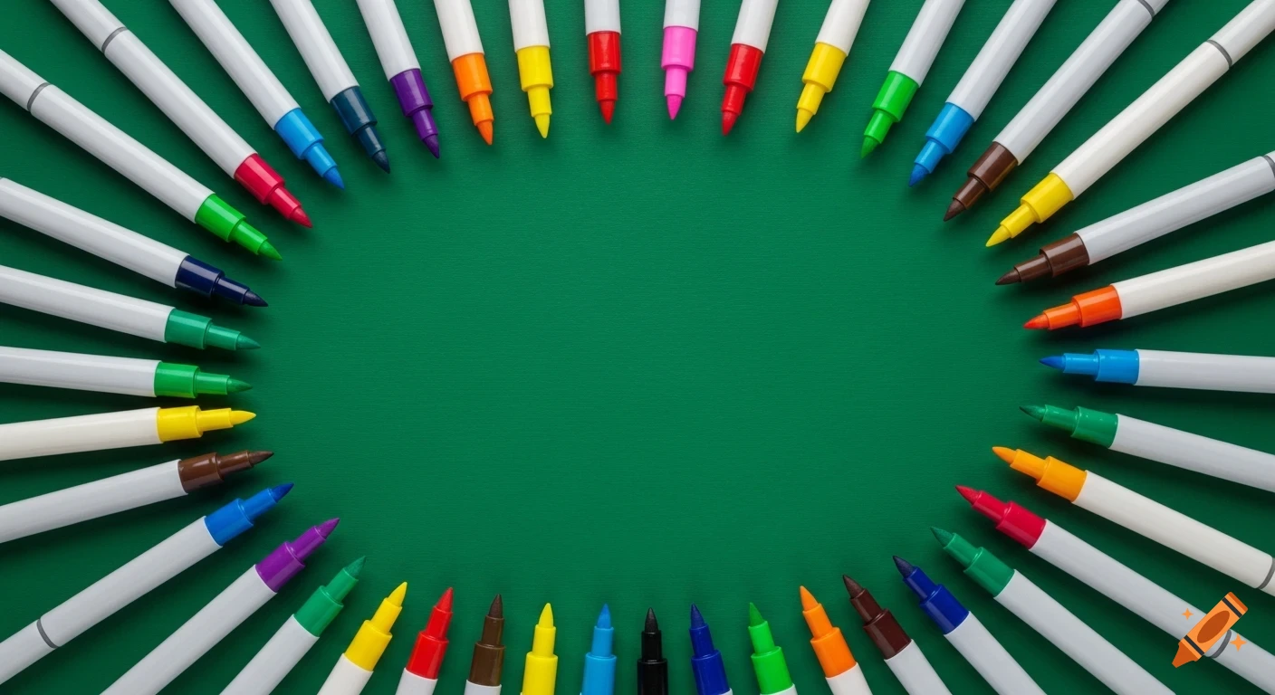 Vibrant colorful markers arranged in an oval on a green background, pointing inwards.