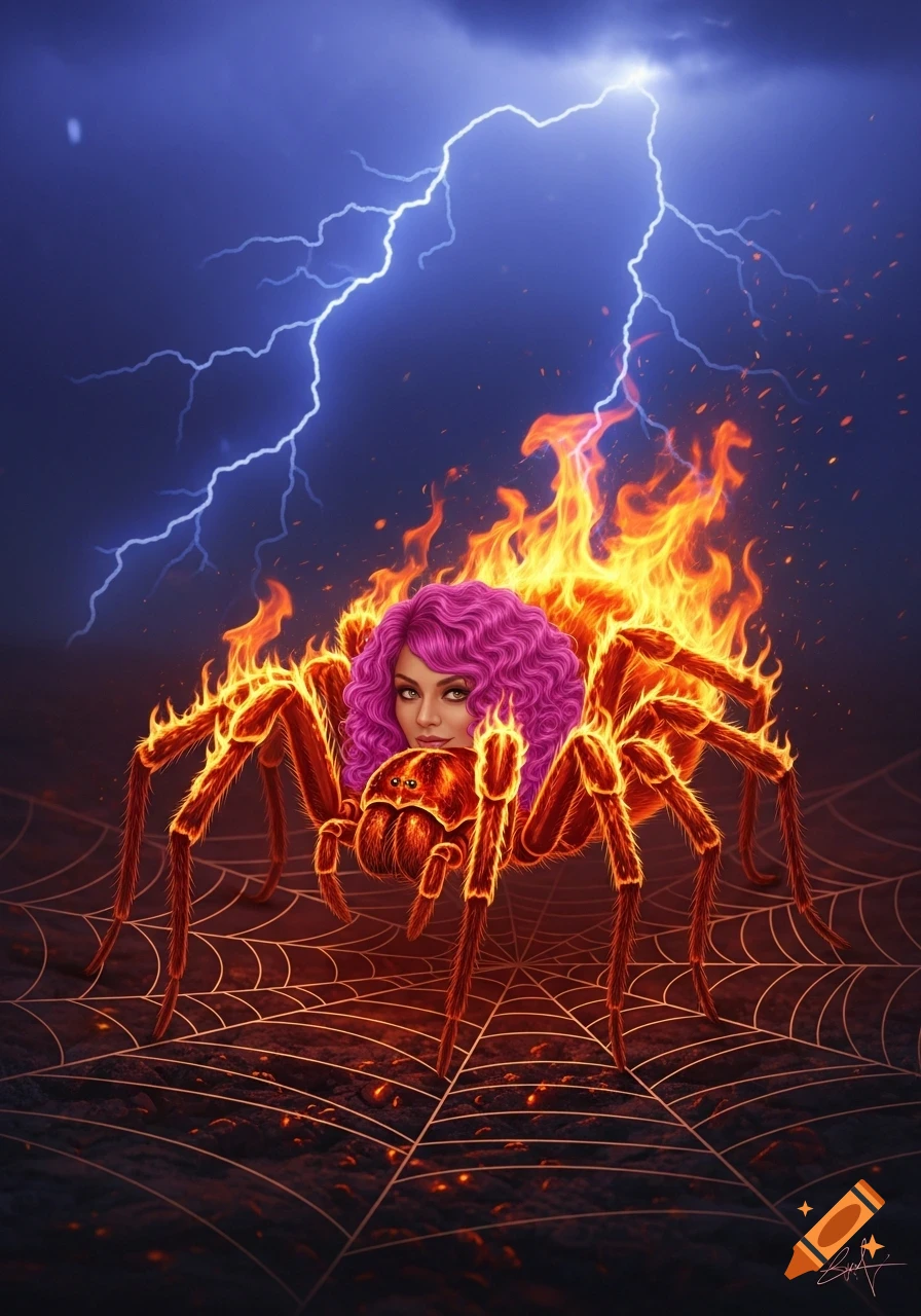 A vibrant illustration of a fiery spider with a woman's head and pink hair, set against a dark, stormy sky with lightning.