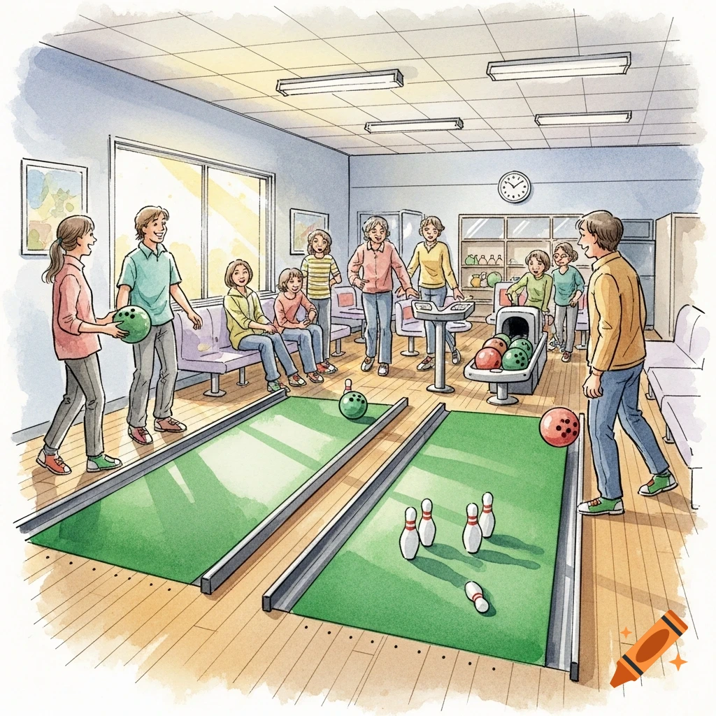 A watercolor illustration of a group of people bowling on two green mats in an indoor alley.
