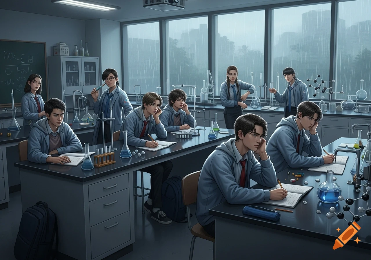Students in an anime style in a science classroom, looking bored during a lesson with scientific equipment on the tables.