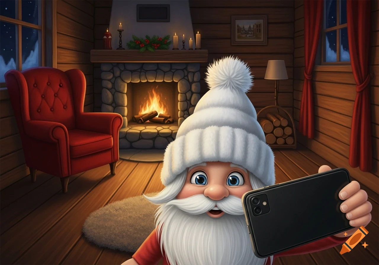 A cartoon gnome in a white winter hat takes a selfie inside a cozy cabin with a fireplace and red armchair.