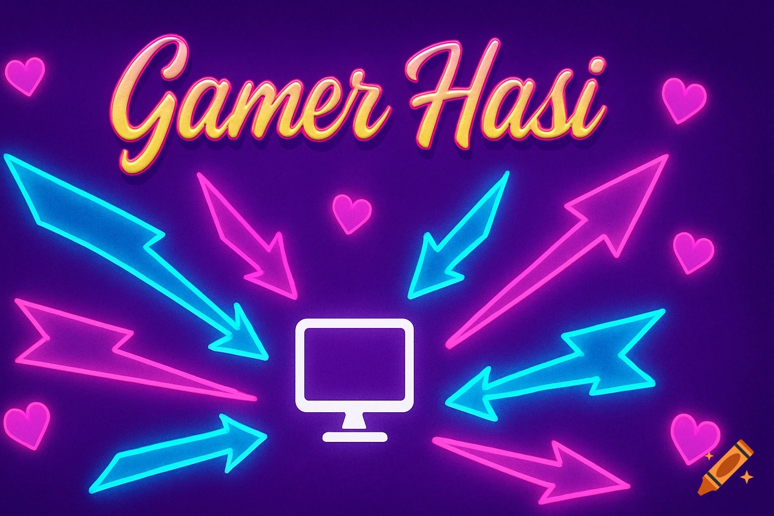 Neon art with 'Gamer Hasi' text, hearts, and glowing arrows pointing to a computer monitor on a purple background.