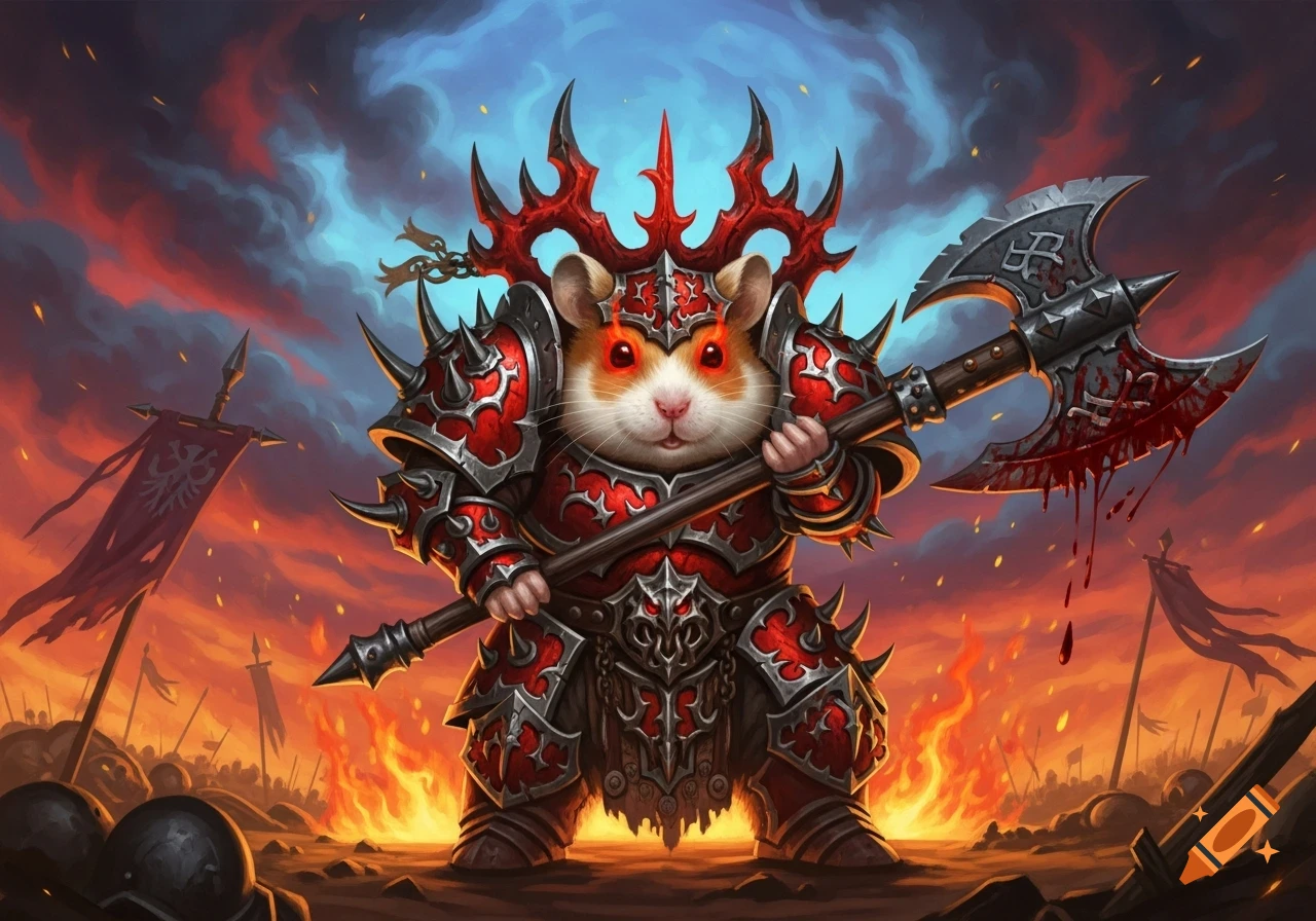 A fierce hamster warrior in red and silver Khorne berserker armor holds a bloody axe on a fiery battlefield under a stormy sky, in a fantasy art style.