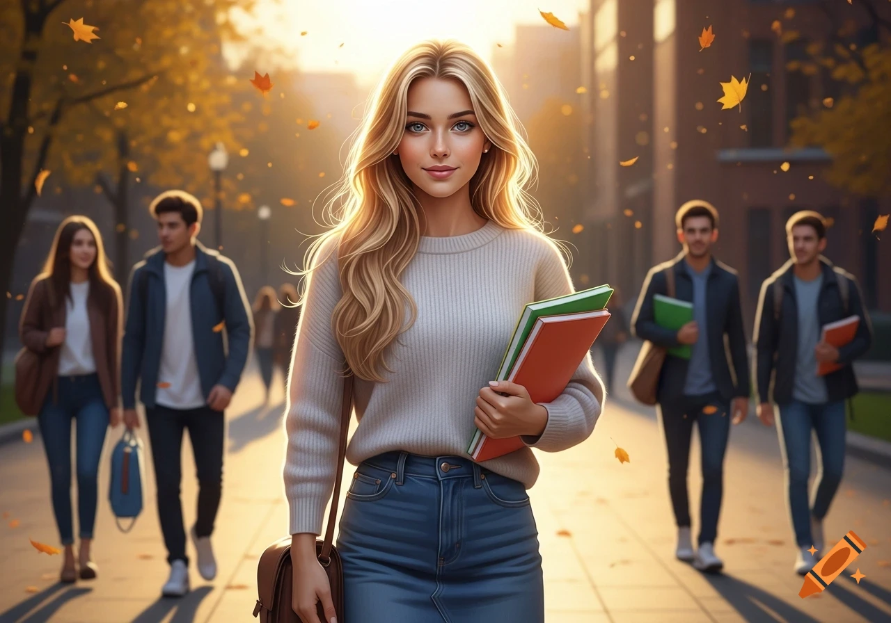 Photorealistic blonde college student walks on a sunny autumn campus path, holding books.