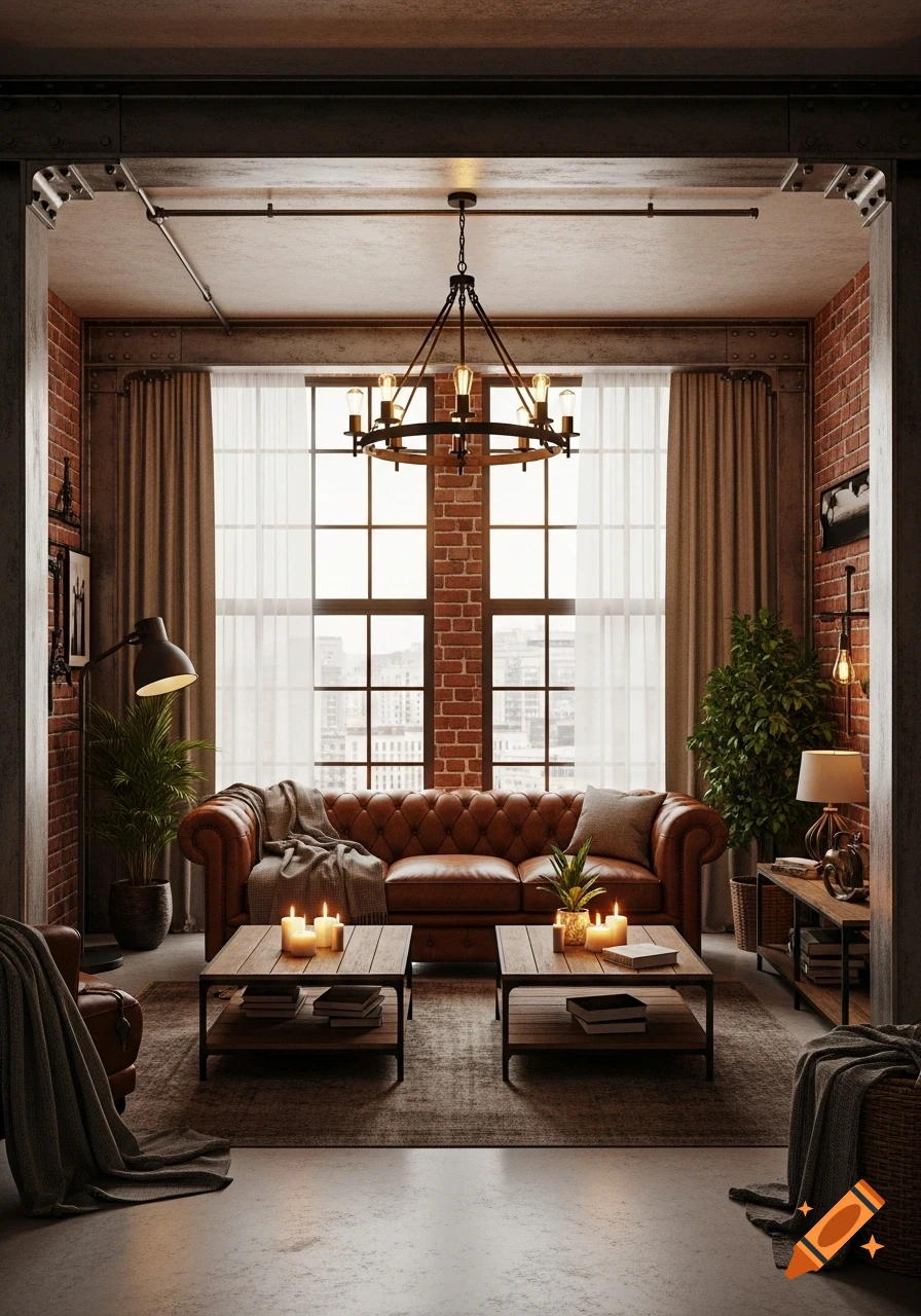 A cozy industrial-style living room with a brown tufted leather sofa, two coffee tables with candles, exposed brick walls, and large windows.