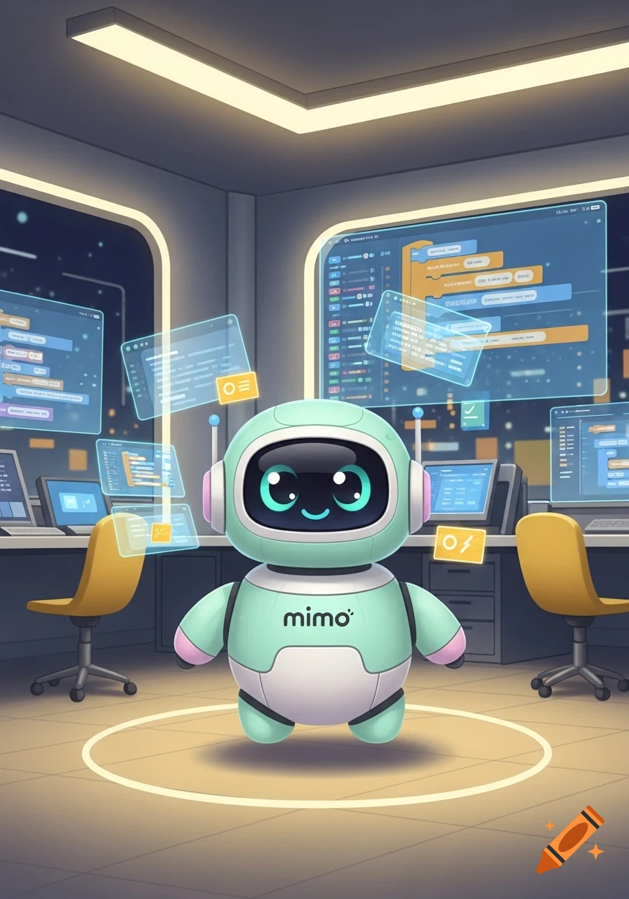 A cute, light teal and white robot with big, black eyes and pink accents stands in a futuristic coding room, surrounded by holographic screens displaying colorful code blocks.