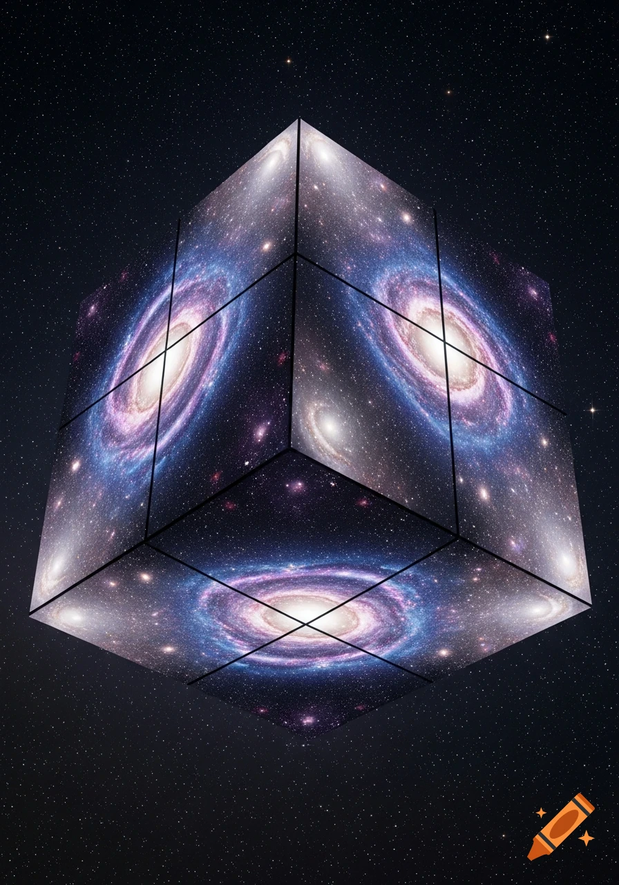 A glowing cube with detailed galaxies on its faces, floating in a dark, star-filled cosmic space.