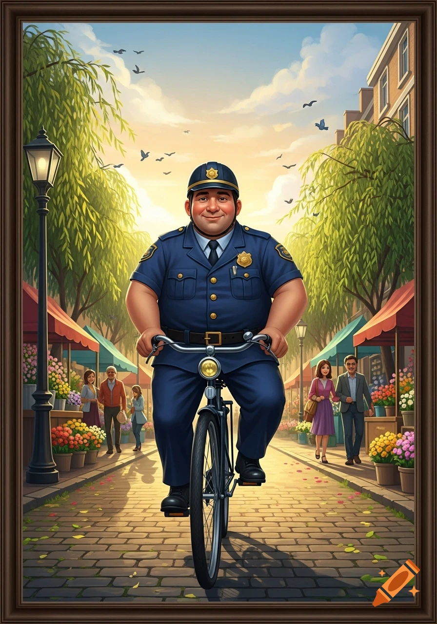 A smiling, stout cartoon police officer on a bicycle rides down a cobblestone street lined with flower stalls and people on a sunny day.