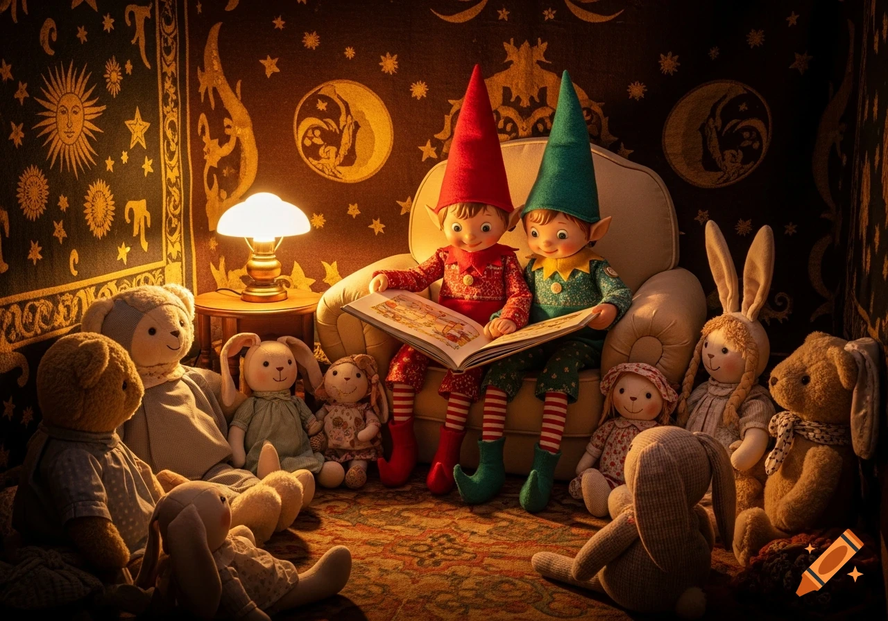 Two elf dolls read a storybook to an audience of stuffed animals in a warmly lit, celestial-themed room.