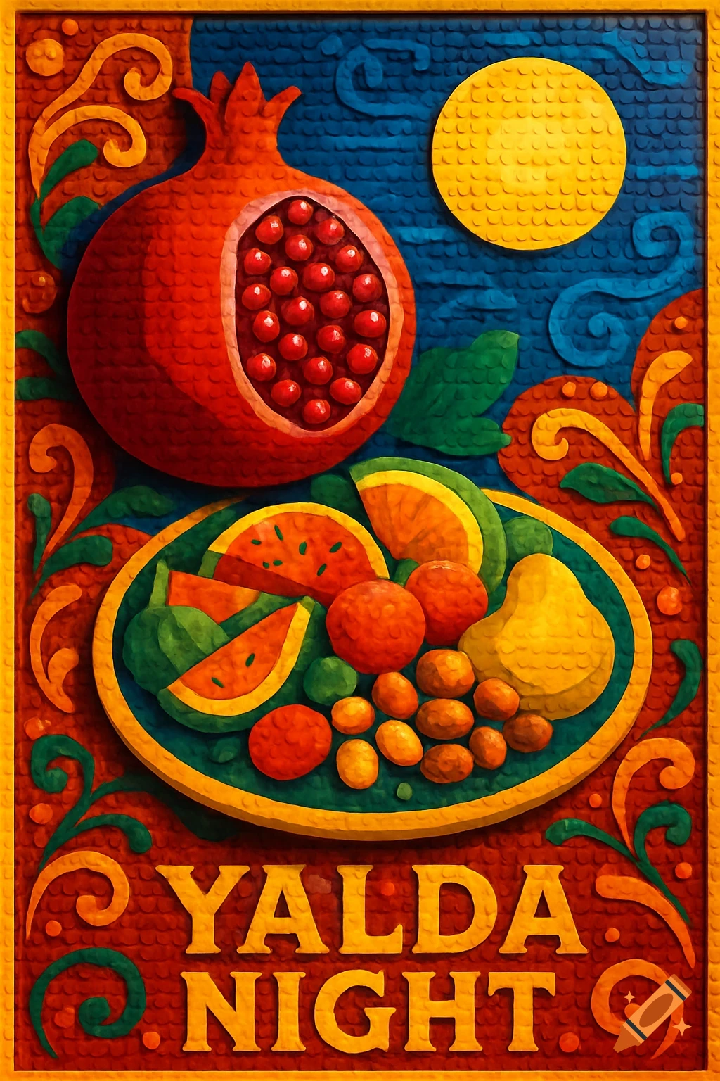 Vibrant mosaic-style poster for Yalda Night with a pomegranate, watermelon, and other fruits, under a yellow sun, with 'YALDA NIGHT' text.