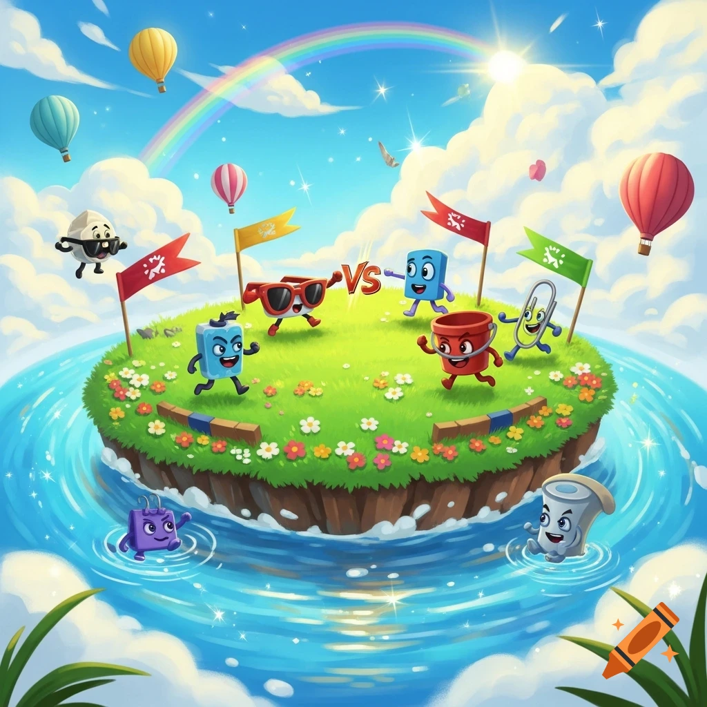 Cartoon characters, including a paperclip and bucket, battle on a floating island with a rainbow and hot air balloons, stylized.
