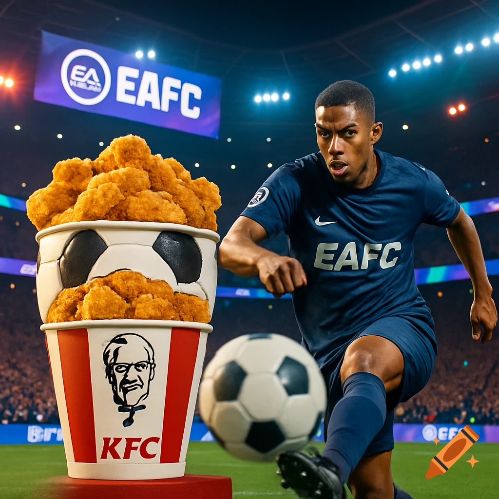 A soccer player kicks a ball in a stadium next to a large stack of KFC chicken buckets, with EA Sports FC branding on screen.