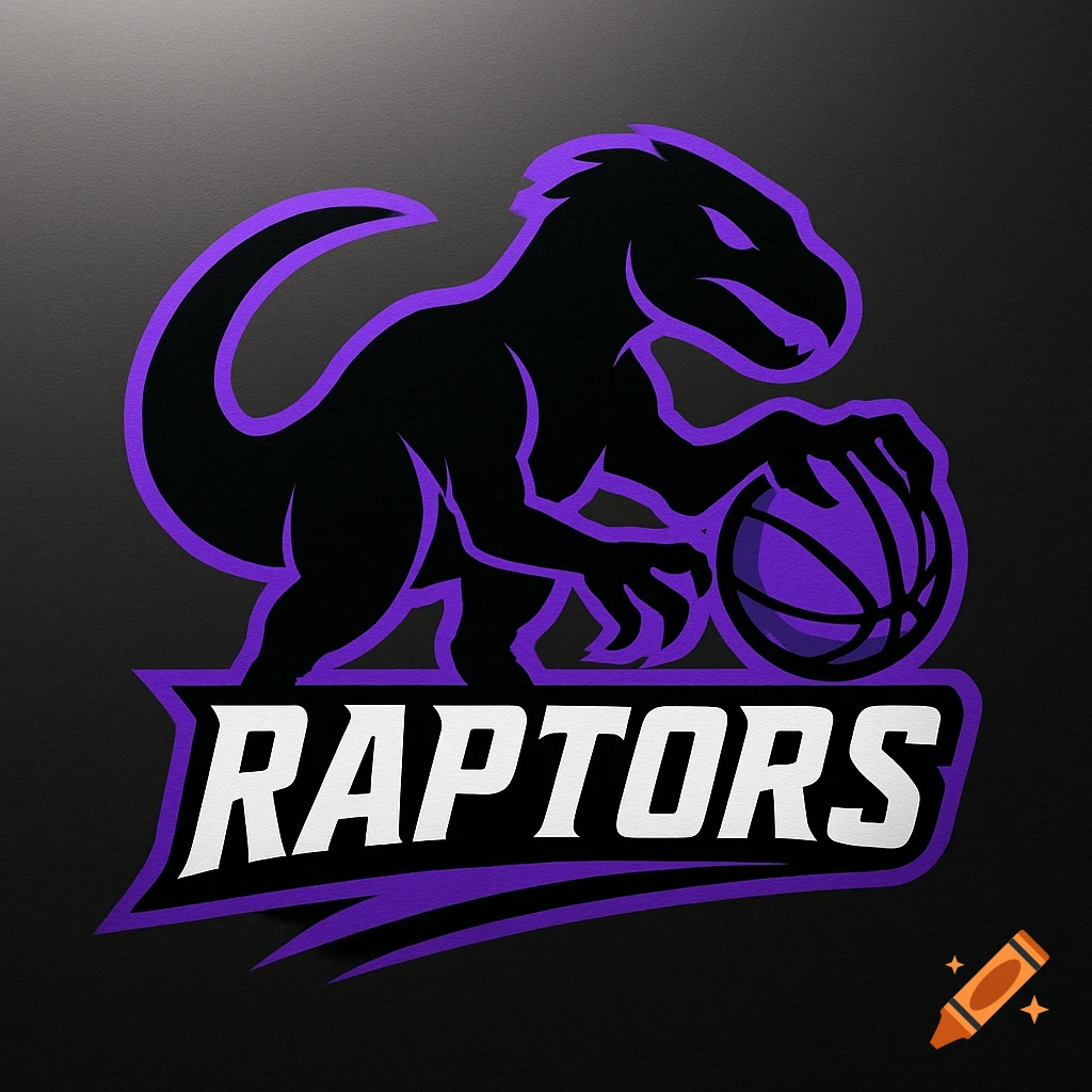 A black and purple sports logo featuring a raptor dinosaur holding a basketball above the word 'RAPTORS'.