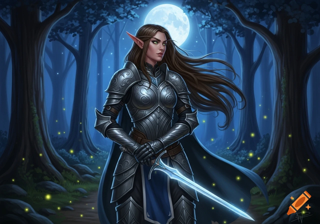 An elf female warrior in ornate silver armor stands in a moonlit forest, holding a glowing sword, with long brown hair flowing.