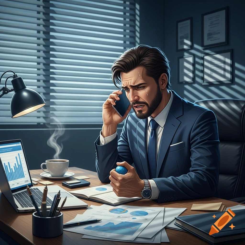 A stressed man in a blue suit talks on a phone at an office desk with a laptop, coffee, and documents.