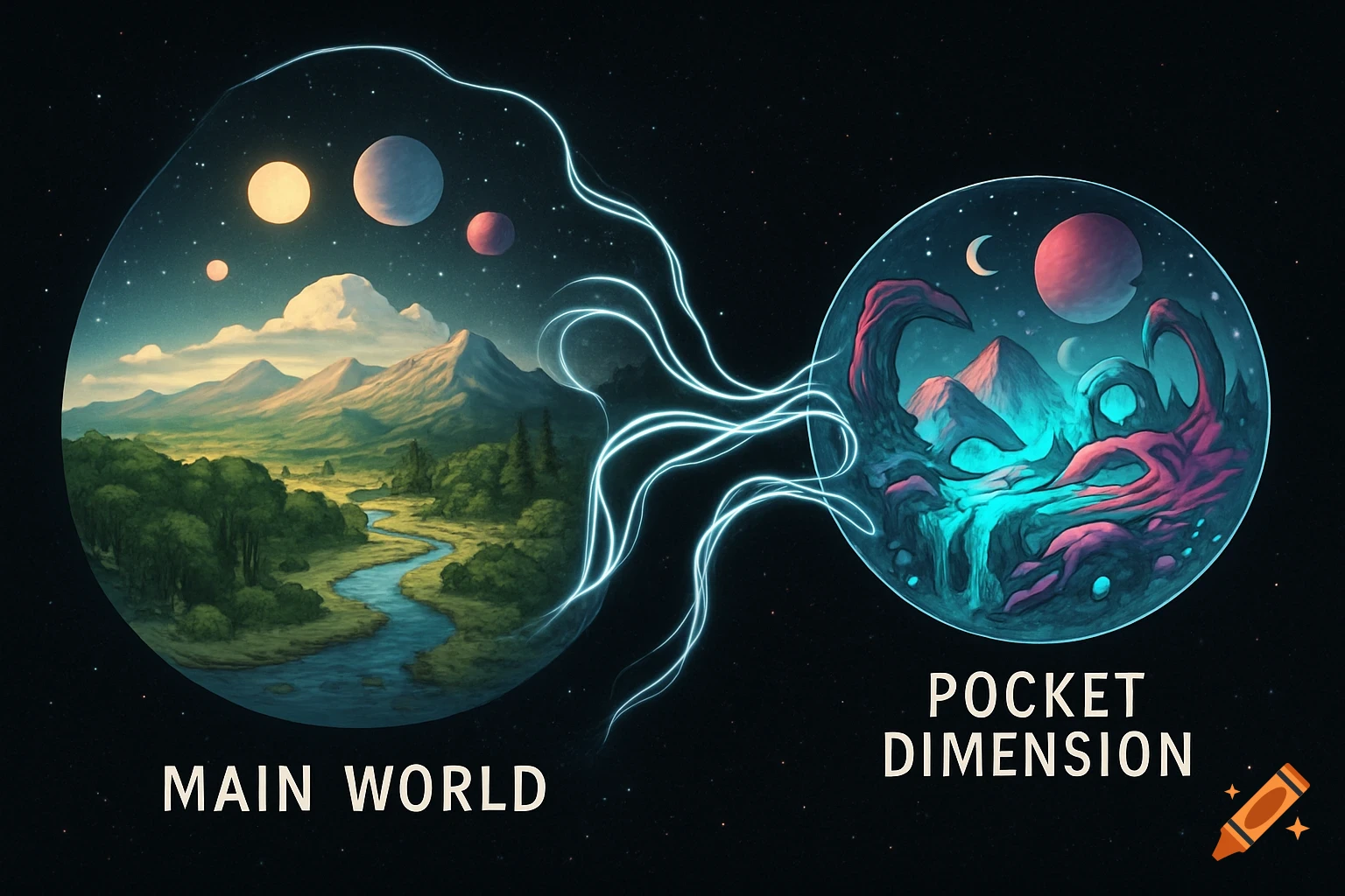 Space But Rivers A diagram showing a lush 'MAIN WORLD' with mountains and rivers, and a ...