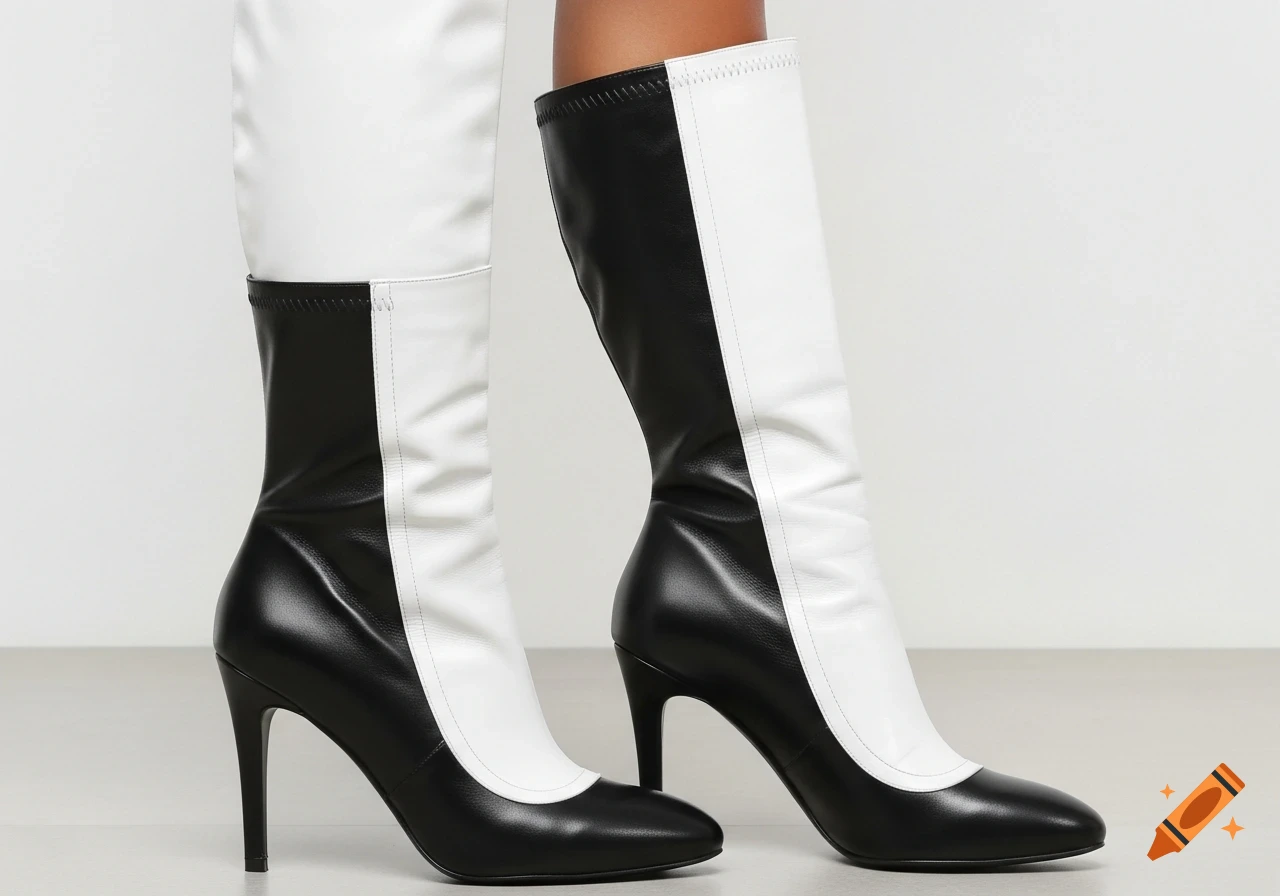 Close-up of a person wearing black and white leather high-heeled boots with white shafts and black toes and heels.