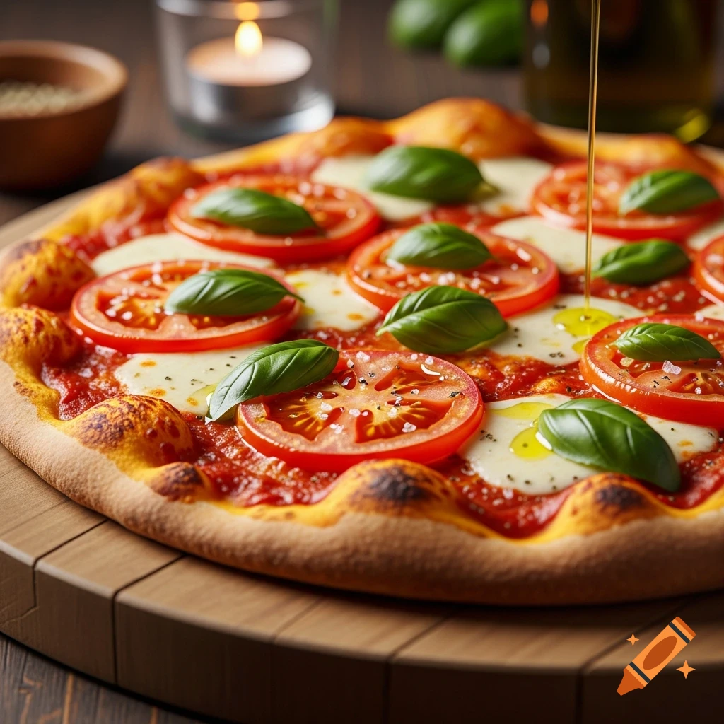 Close-up photorealistic pizza with sliced tomatoes, mozzarella, and fresh basil, drizzled with olive oil on a wooden board.