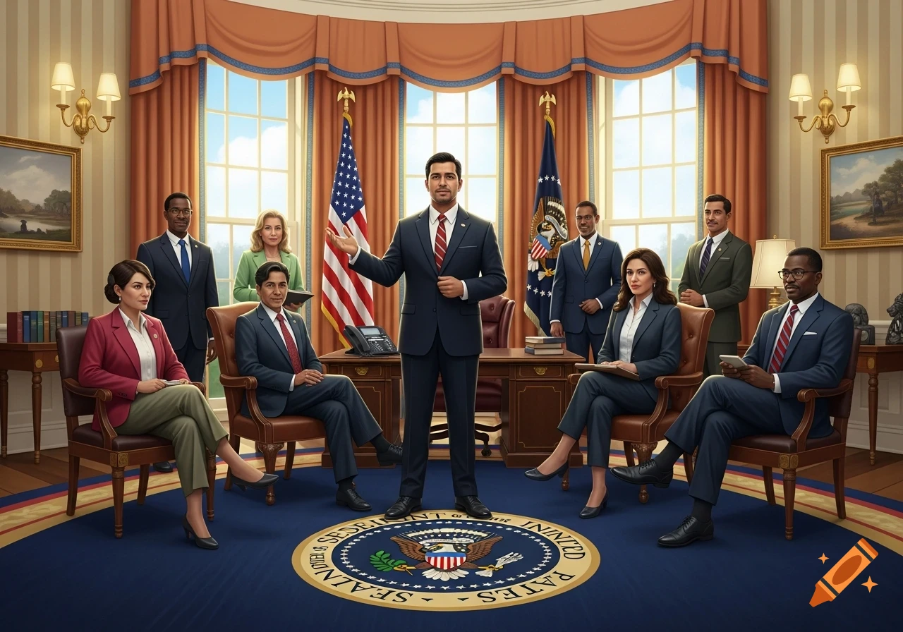 A diverse group of politicians, including a Latino president, stand and sit in the Oval Office, depicting a cabinet meeting.