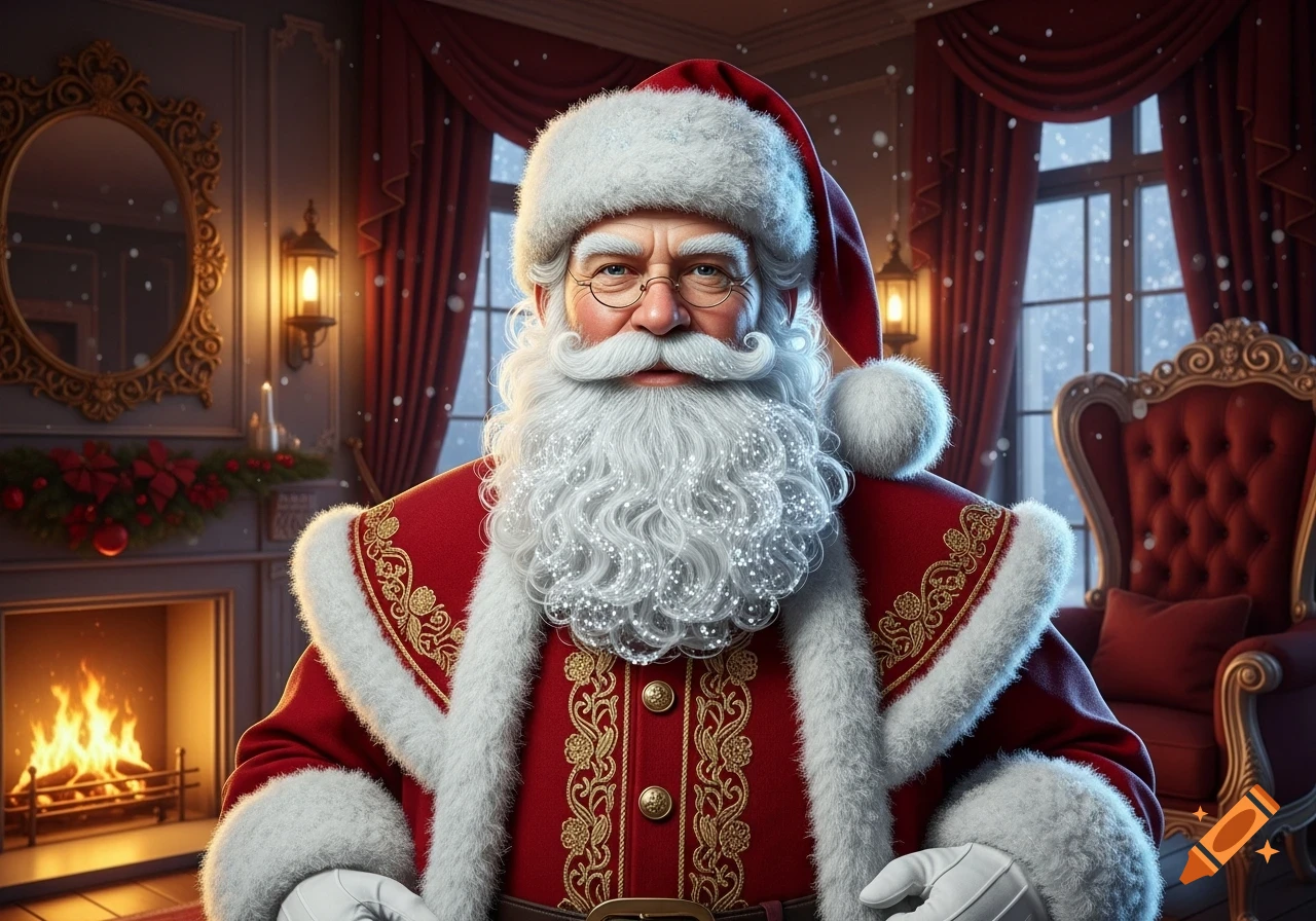 A photorealistic portrait of Santa Claus in a festive, richly decorated room with a fireplace and large windows showing falling snow.
