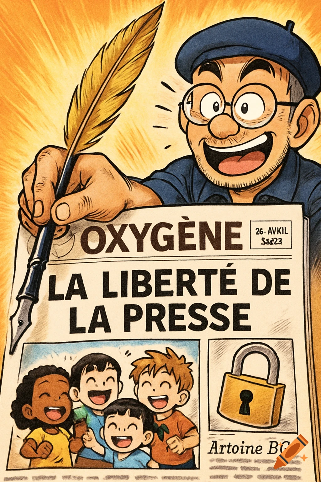 A smiling man in a beret holds a quill over a newspaper headlining "OXYGÈNE LA LIBERTÉ DE LA PRESSE", with images of diverse children and a padlock in a cartoon style.