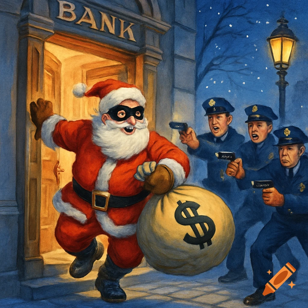 A cartoon illustration of Santa Claus in a black mask running from a bank with a sack of money, being chased by police officers with drawn guns.