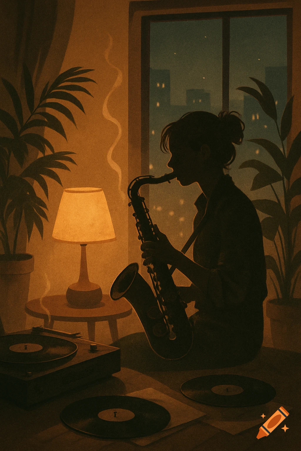 Silhouetted person playing saxophone in a cozy, grainy lofi room with records, plants, and warm lamp light.