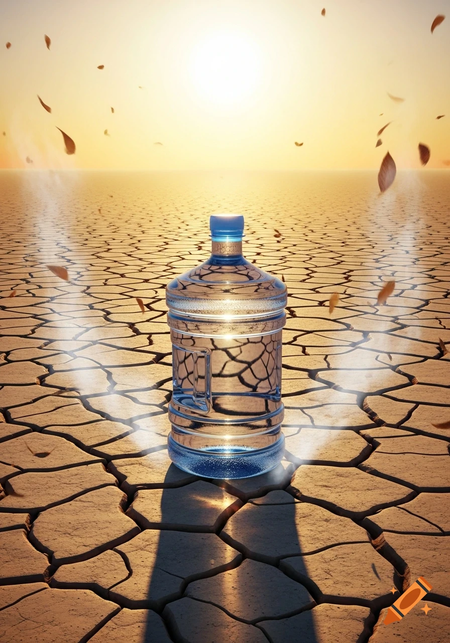 A large water bottle stands on cracked, dry desert earth under a golden sunset, with leaves falling around it. Photorealistic.