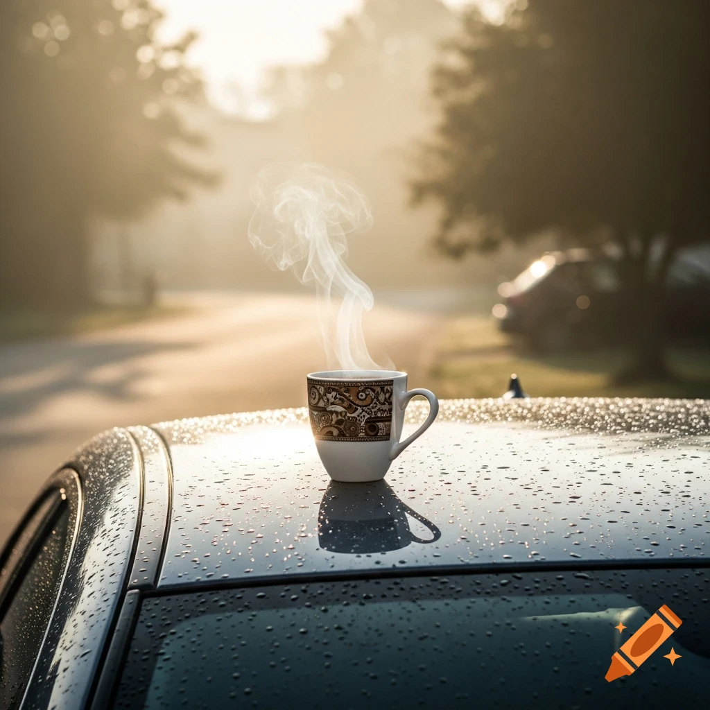 Steaming cup of coffee with a patterned design on the wet roof of a dark car on a foggy morning.