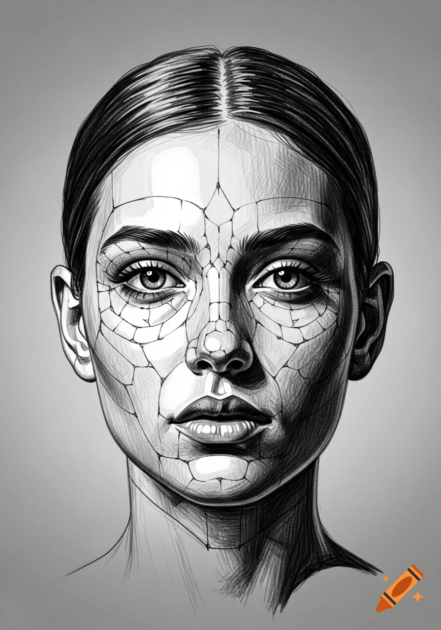 Black and white pencil drawing of a woman's face with a geometric, cracked pattern.