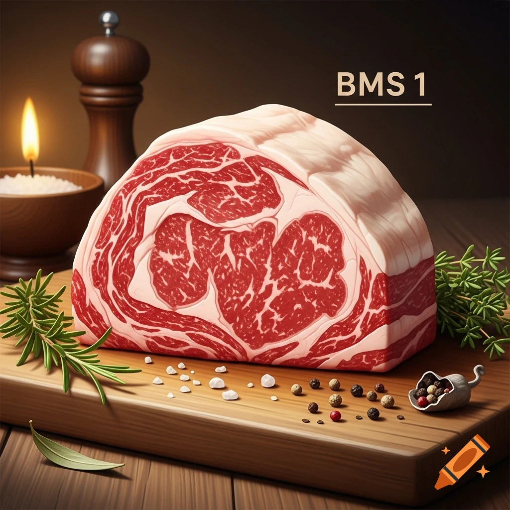 Photorealistic image of a raw ribeye roast labeled 'BMS 1' on a wooden cutting board with rosemary, salt, pepper, and a lit candle.