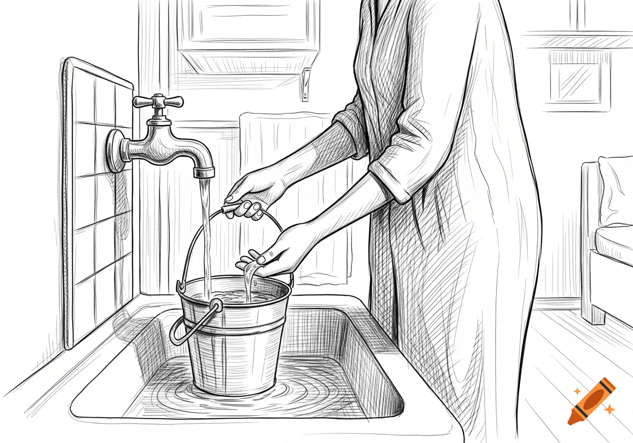 A black and white pencil sketch shows a person filling a bucket with water from a tap, illustrating water conservation.
