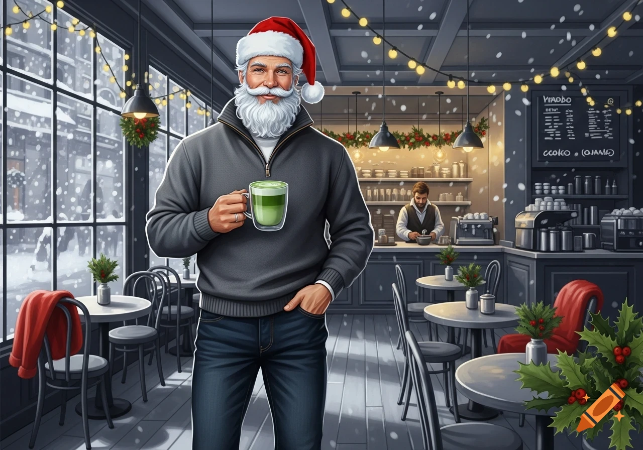 Stylized digital art of Santa Claus in a grey quarter-zip and jeans, holding a green matcha in a festive coffee shop with snow outside.