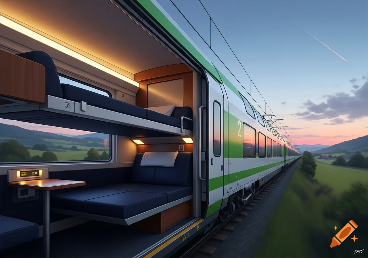 A train's green and white sleeping compartment with bunks, looking out over a green landscape at sunset.